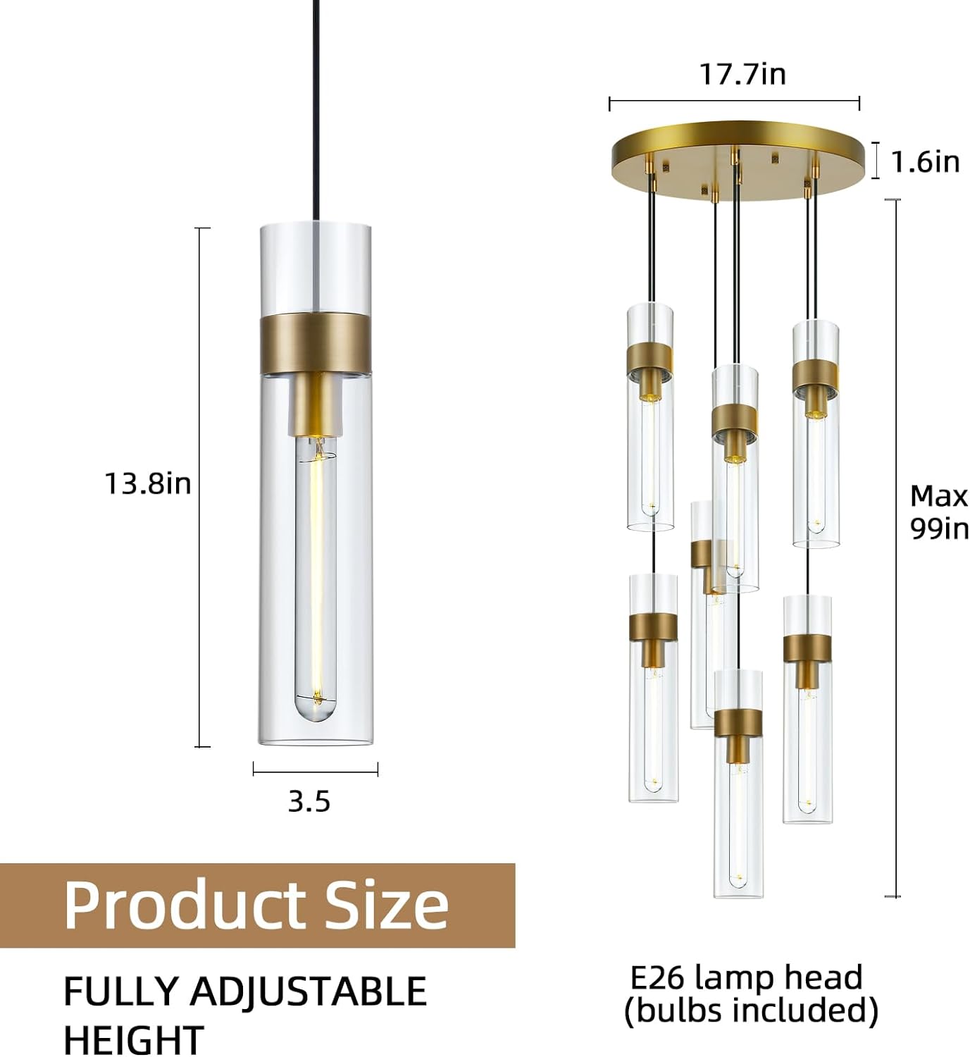 Modern Glass Tube Brass Pendant Lights 1 Light/7 Lights - thebelacan