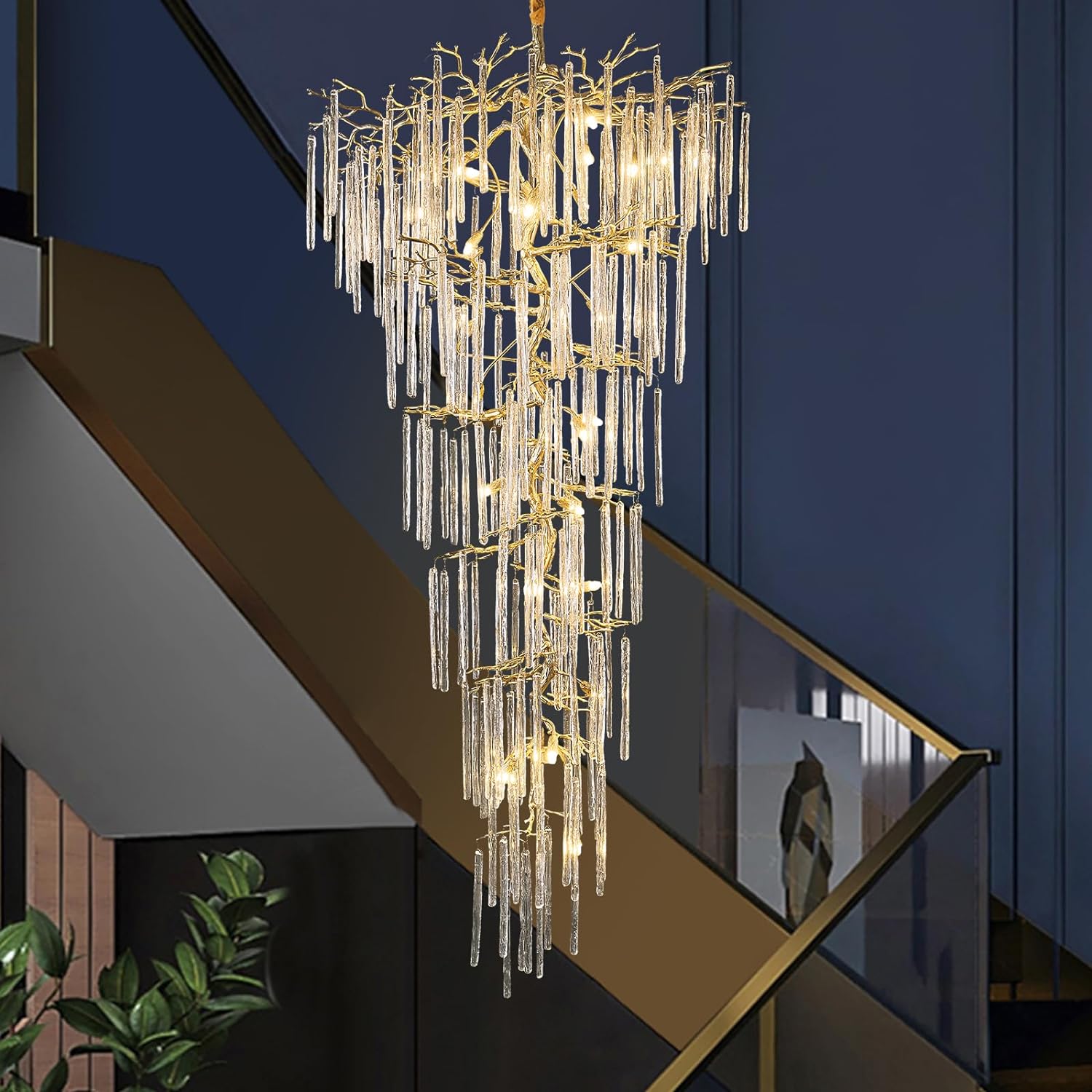 Modern Ice Strip Crystal Tree Branch Staircase Chandelier 95" - thebelacan