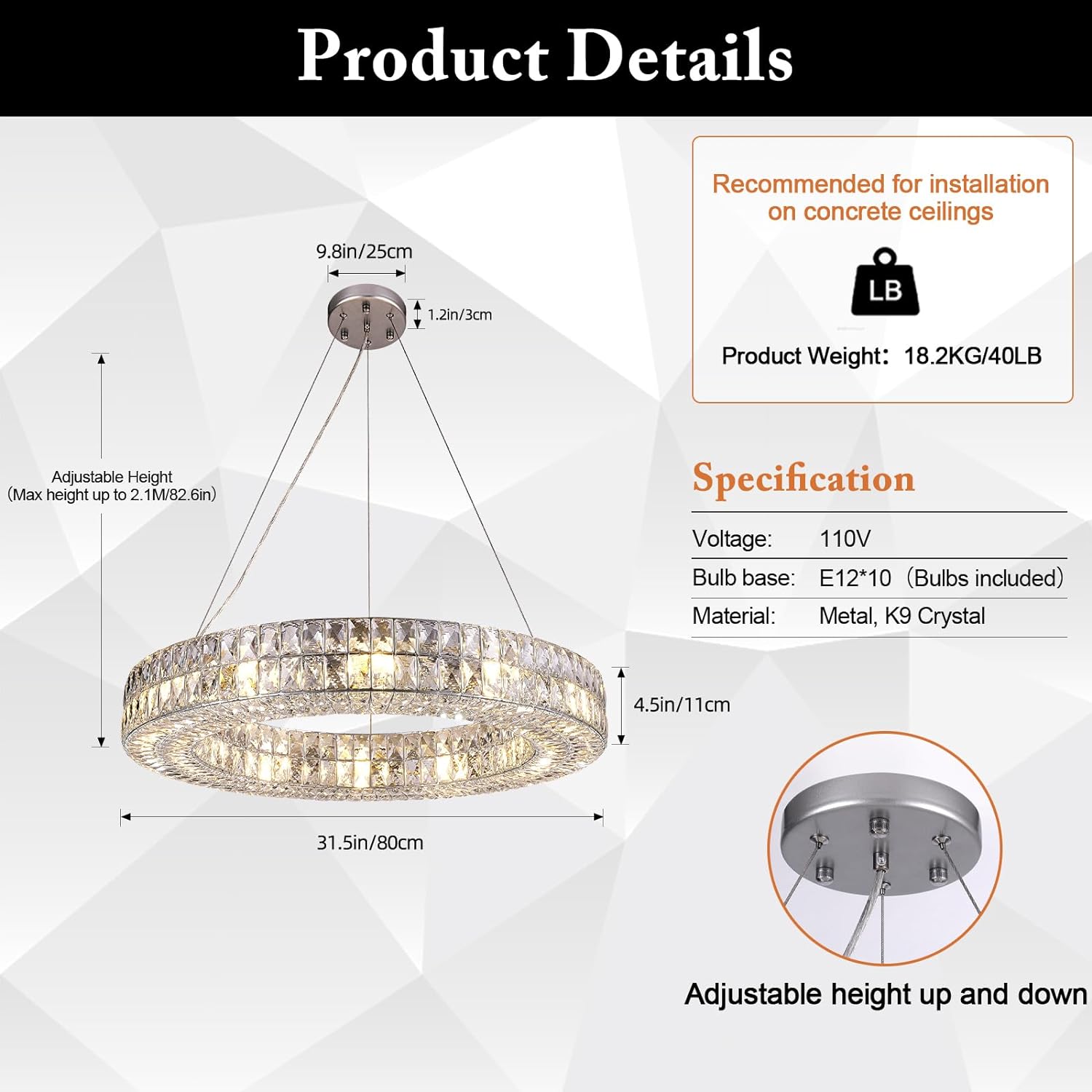 Modern K9 Crystal Round/Rectangular Chandelier 32" 61" - thebelacan