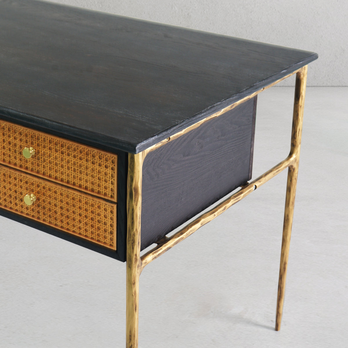 Thaddeus Retro Brass Iron Frame Rattan Desk - thebelacan