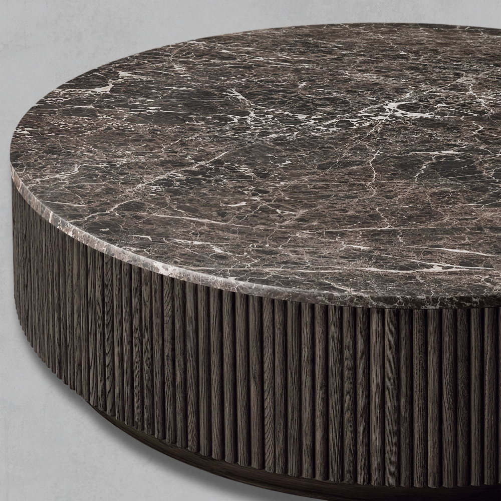 Mulholland Oak Wood & Stone Round Coffee Table - thebelacan