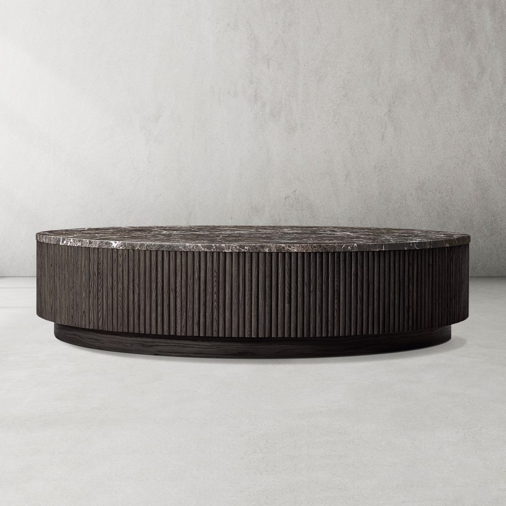 Mulholland Oak Wood & Stone Round Coffee Table - thebelacan