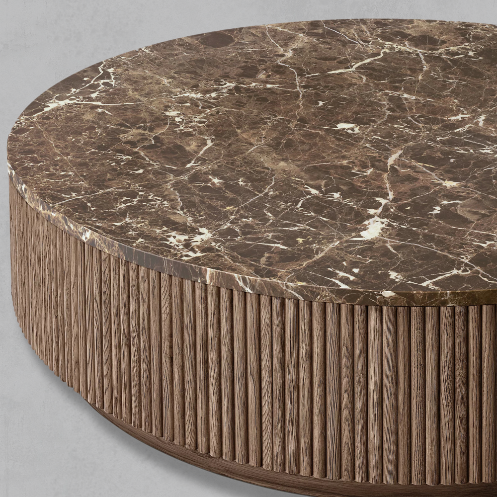 Mulholland Oak Wood & Stone Round Coffee Table - thebelacan