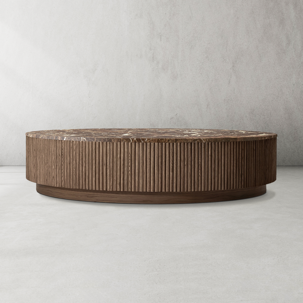 Mulholland Oak Wood & Stone Round Coffee Table - thebelacan