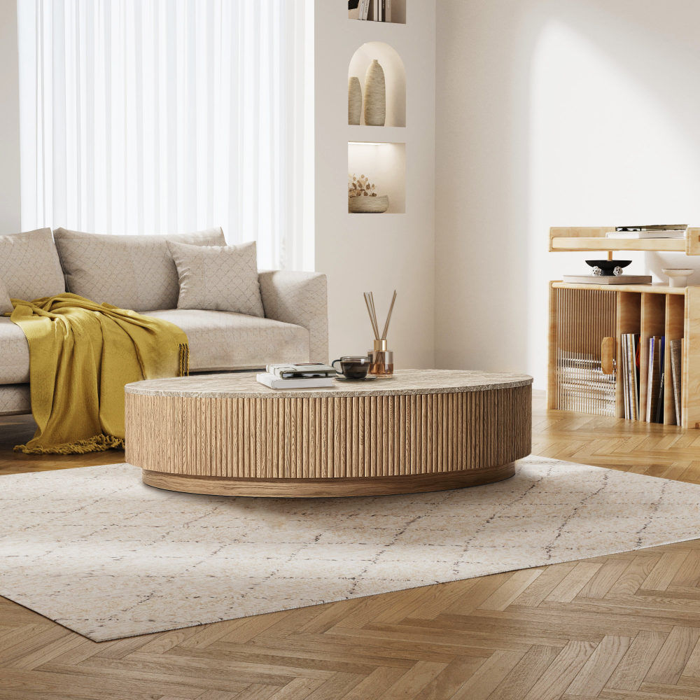 Mulholland Oak Wood & Stone Round Coffee Table - thebelacan