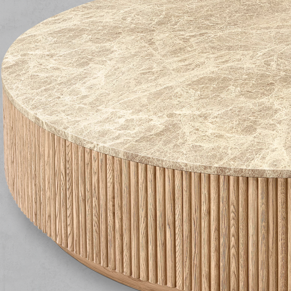 Mulholland Oak Wood & Stone Round Coffee Table - thebelacan