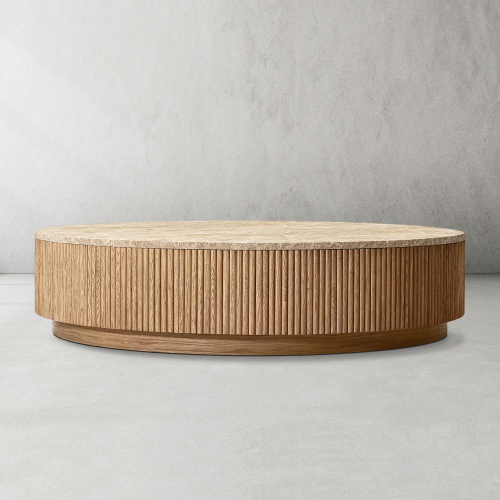 Mulholland Oak Wood & Stone Round Coffee Table - thebelacan